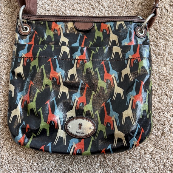 Fossil Brown Multi Giraffes Pattern Key-Per Crossbody Purse Coated Canvas Blue - Picture 2 of 16